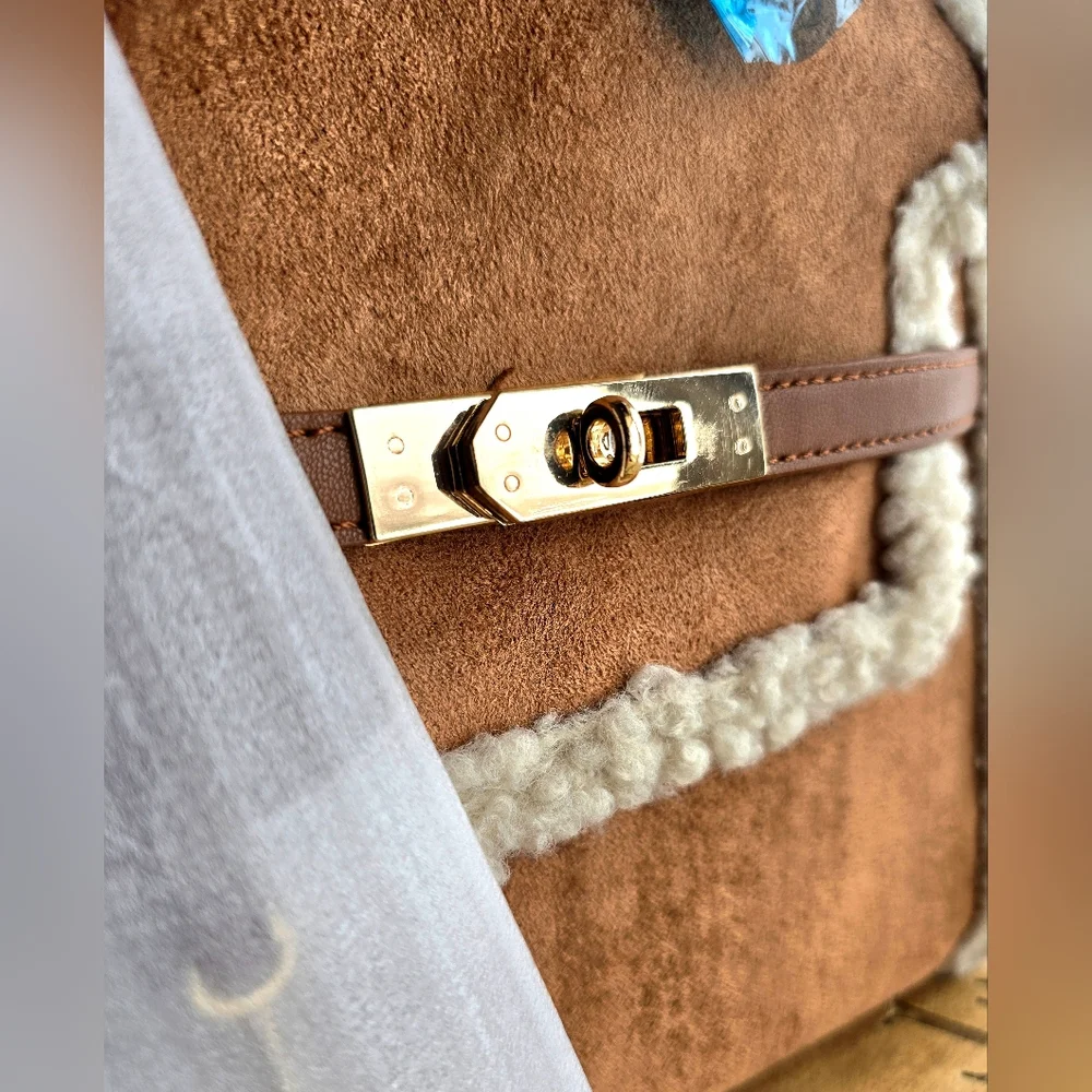 Badgley Mischka Vegan Leather Suede And Shearling Top Handle Cross Body Bag NWT - Picture 3 of 10